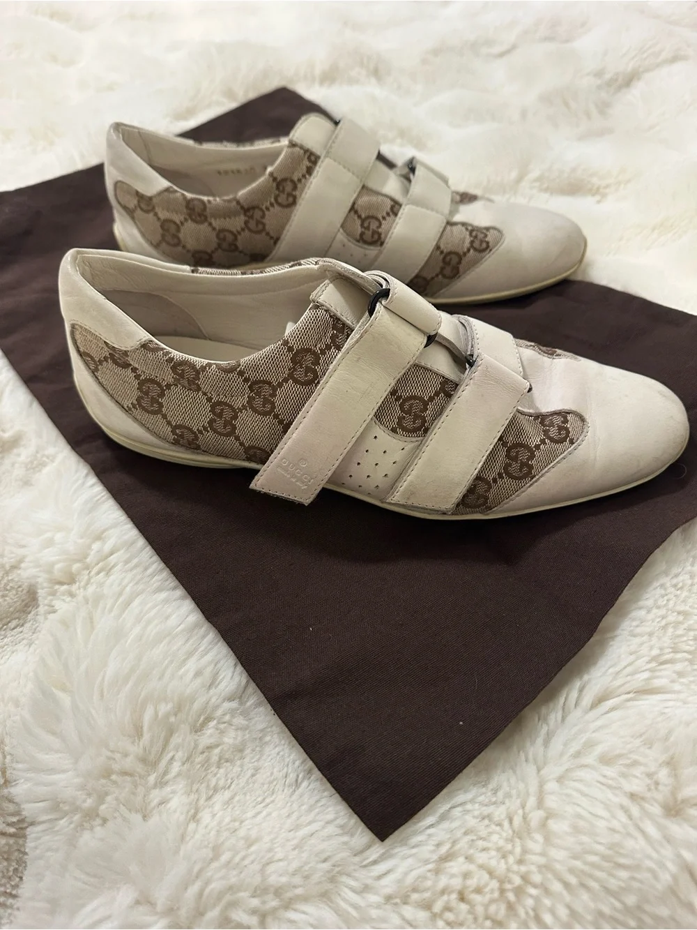 Gucci GG Canvas & White Leather Double Strap Sneakers 39.5 Authentic + Dust Bag